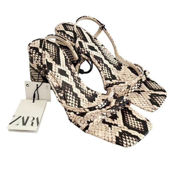 Zara Sandals Women 8 EUR 39 Snake Print Square Toe Block Air Fit Insole Foam - Picture 1 of 16